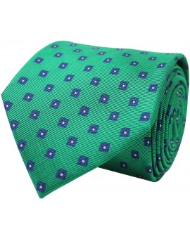 Green tie with printed geometric figures in blue. 100% Silk.