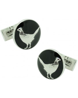 The Pheasant Skultuna Cufflinks in black background - silver plated