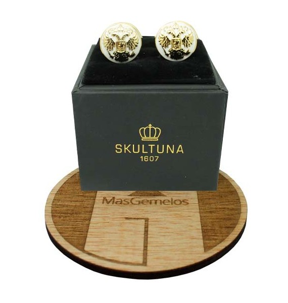 Boutons de manchette chemise Skultuna Double aigle or - Blanc
