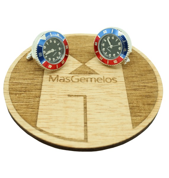 Gemelos para camisa de reloj negro sport con bisel azul y rojo en acero – estilo Pepsi