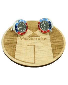 Shirt cufflinks with black sport watch and blue and red steel bezel - Pepsi style