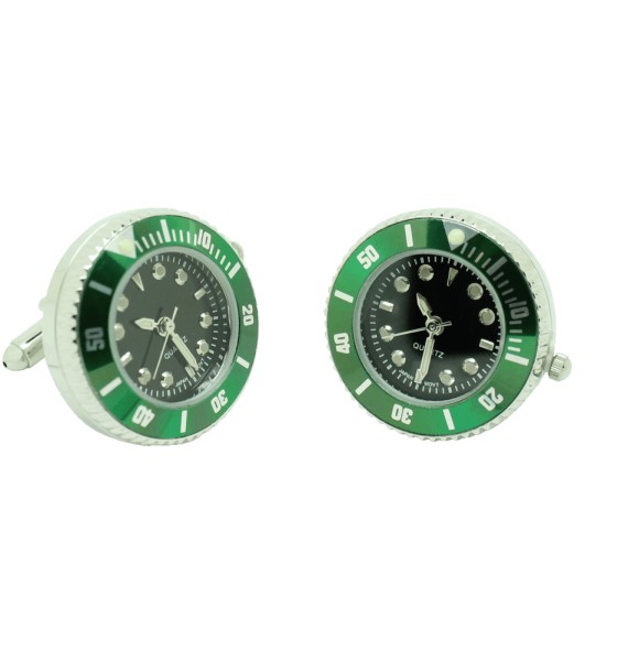Black sport watch shirt cufflinks with green steel bezel - Starbucks style