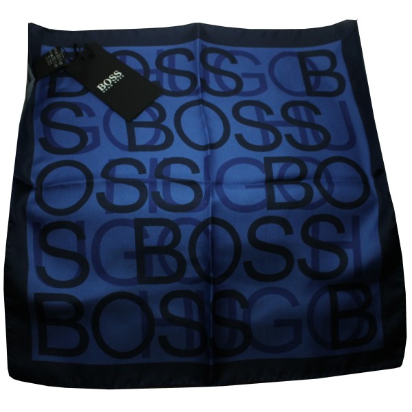 Hugo Boss blue handkerchief with letters, blue corner, and HB monogram