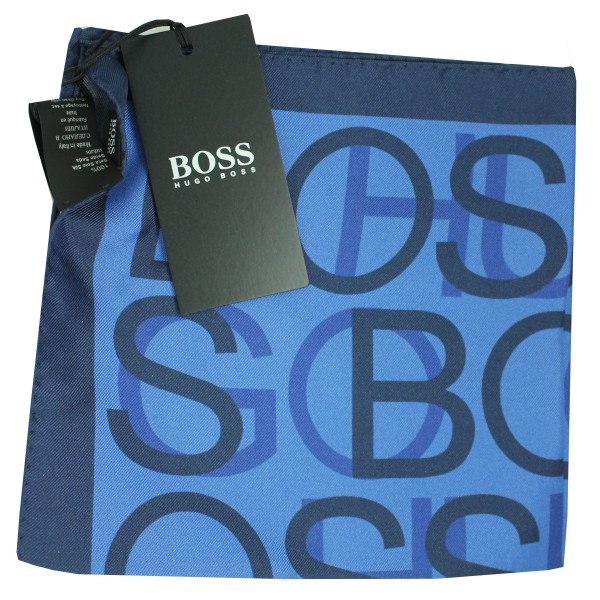 Hugo Boss blue handkerchief with letters, blue corner, and HB monogram