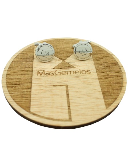 Boutons de manchette ronds personnalisés avec initiales et fleur en ac