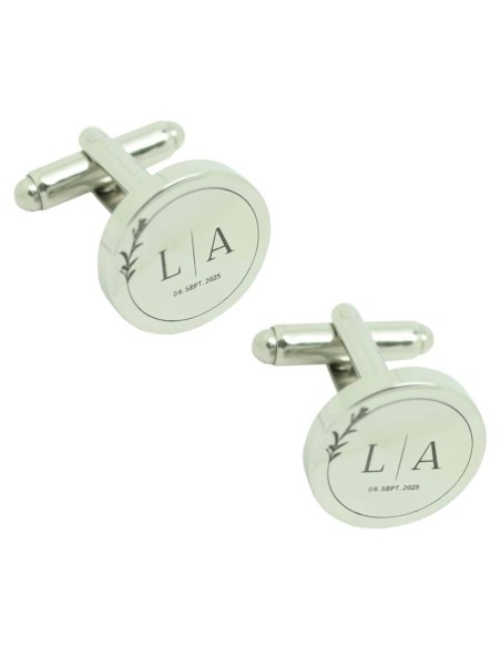 Boutons de manchette ronds personnalisés avec initiales et fleur en ac