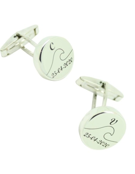 Personalized round volume cufflinks with initials, wave design, 925 si