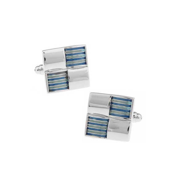 Silver and Blue Ribbed Checker Cufflinks