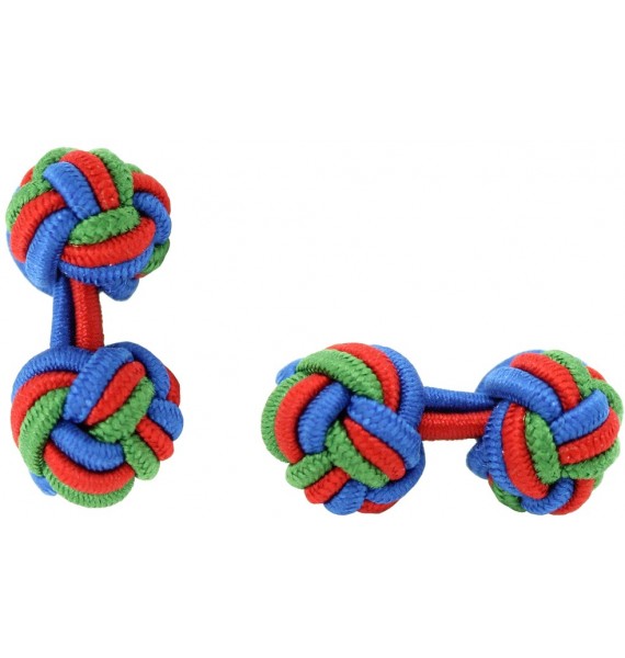 Cobalt Blue, Red and Green Grass Silk Knot Cufflinks