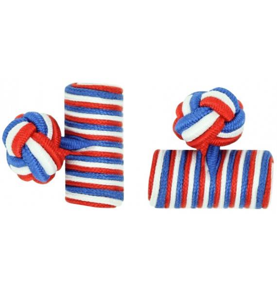 Red, White and Cobalt Blue Silk Barrel Knot Cufflinks