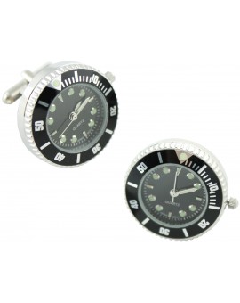 Shirt cufflinks with black sport watch and black bezel in steel - classic style