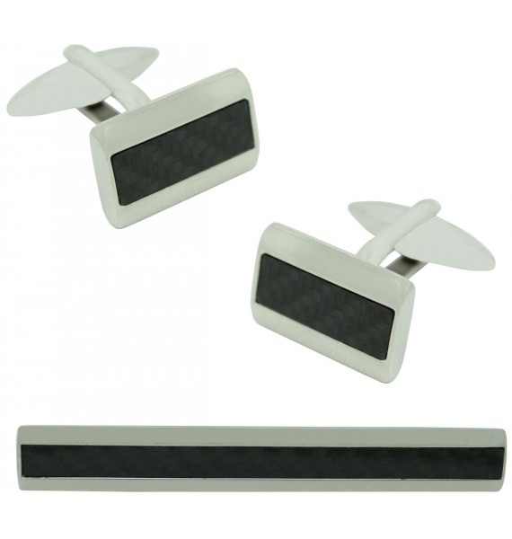 Stainless Steel Carbon Fiber Cufflinks and Tie Bar