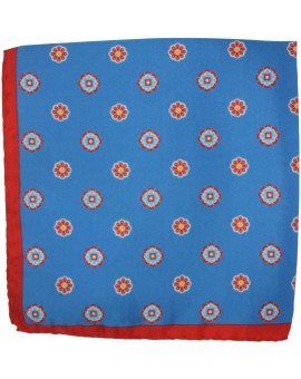 Pañuelo de bolsillo fondo azul con marco rojo y flores