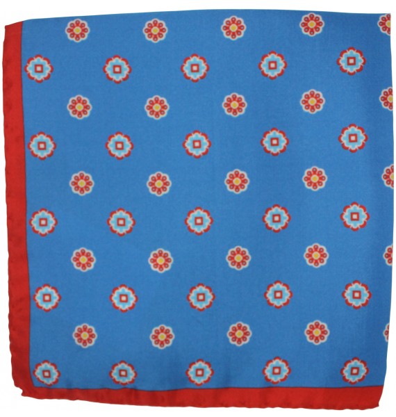 Pañuelo de bolsillo fondo azul con marco rojo y flores