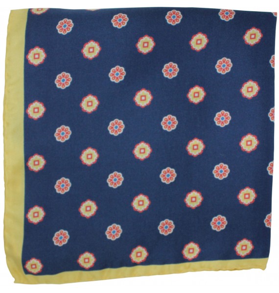 Navy blue floral pocket square with yellow border