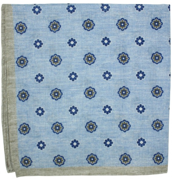 Blue floral pocket square with brown border