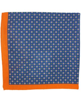 Pañuelo de bolsillo azul marino con flores y esquinas en naranja
