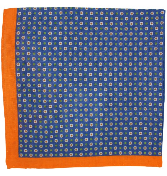 Pañuelo de bolsillo azul marino con flores y esquinas en naranja