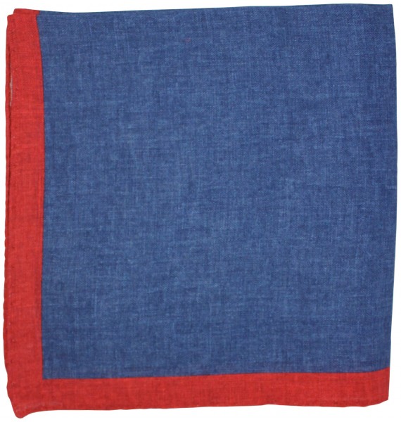 Pañuelo de bolsillo azul marino y esquinas en rojo fabricado en lino