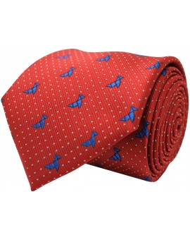 Red tie with printed origami dog in blue colour