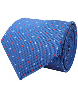 Blue tie with printed dots in red and light blue colour